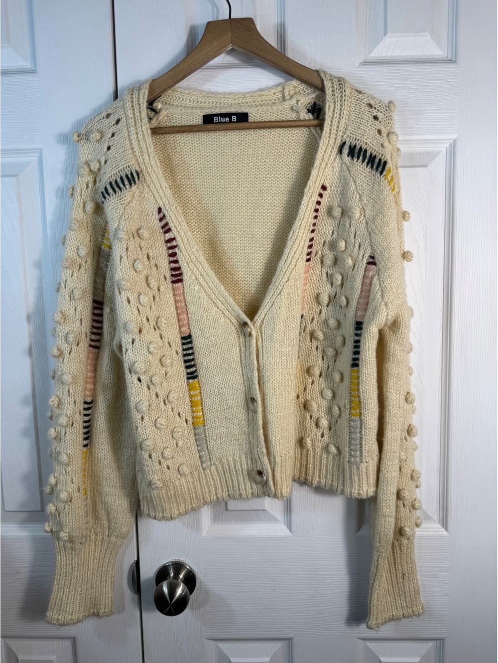Blue B Collection Women's Ivory Knit Cardigan with Pom Pom and Color Detail, S